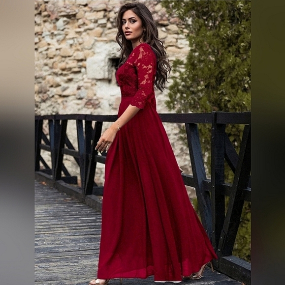 New Chic Lace Top Pleated Maxi Dress Gown Burgundy Red - Picture 1 of 12
